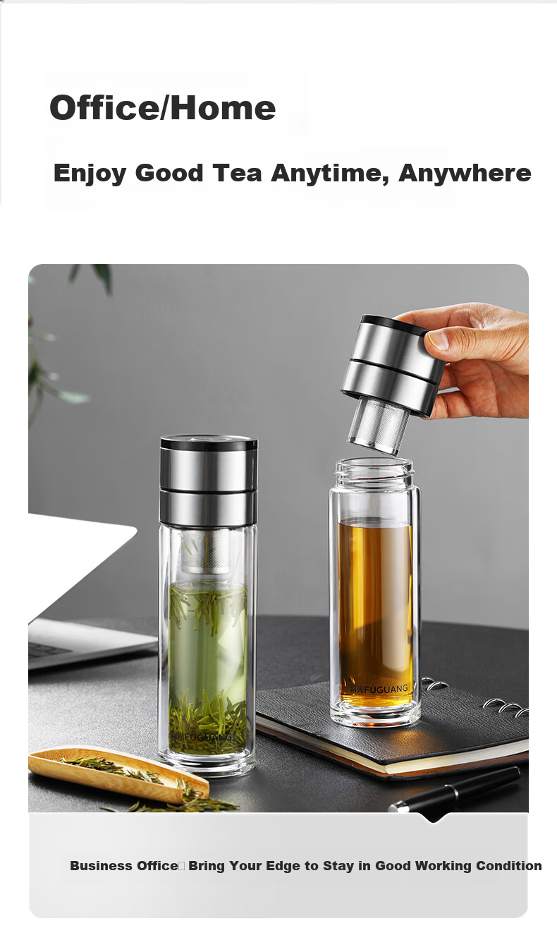 Fuguang Double-Layer Glass Cup, Car-Mounted One-Touch Lid Opening Tea Infuser Cup, High Borosilicate Tea-Water Separation Water Bottle for Men And Women, 300ml 12
