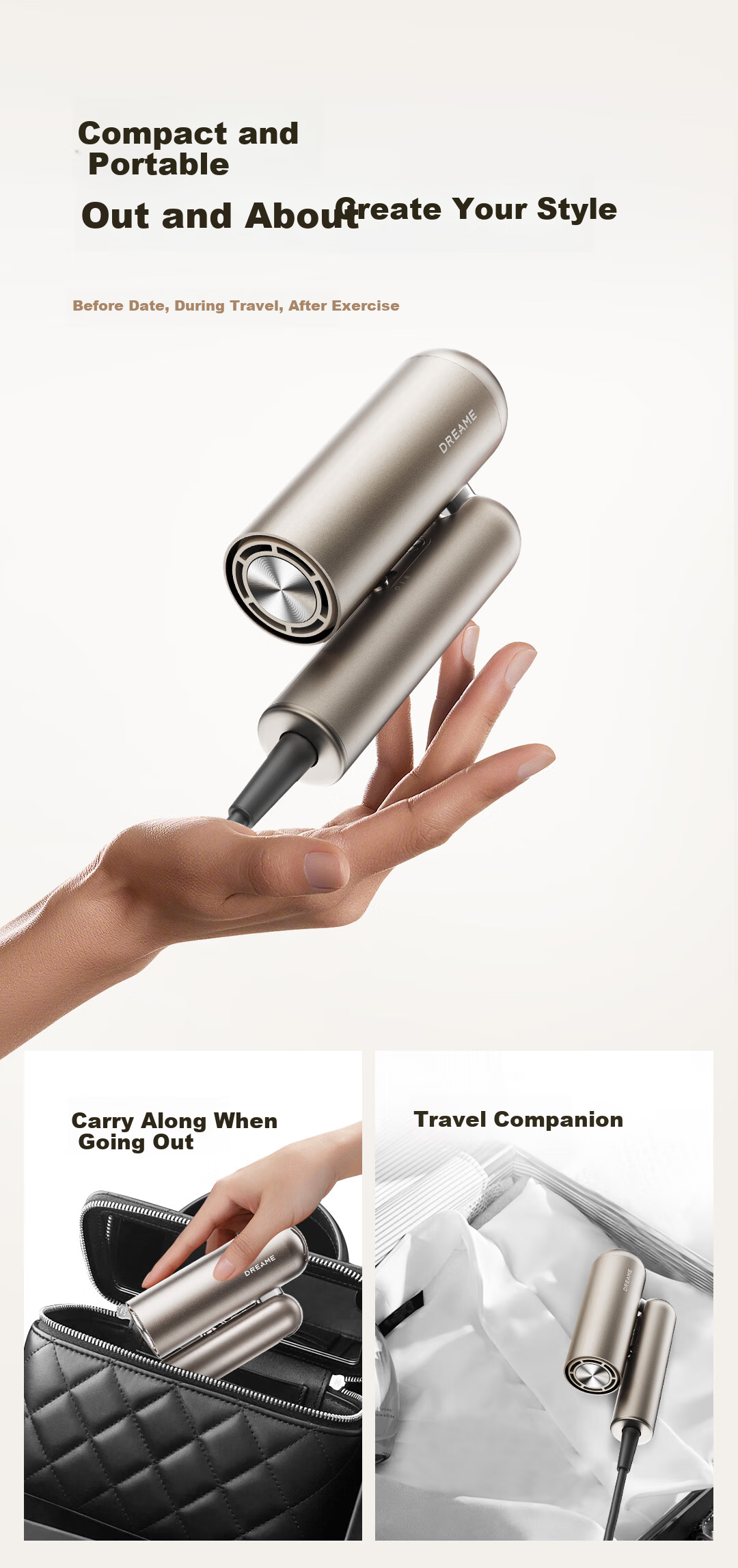 Zhuimi ZMD Hair Dryer Pocket Portable Folding Mini High-Speed Stylist Hair Dryer P10 Negative Ion Hair Protection Blower Titanium Gold AHD51 6