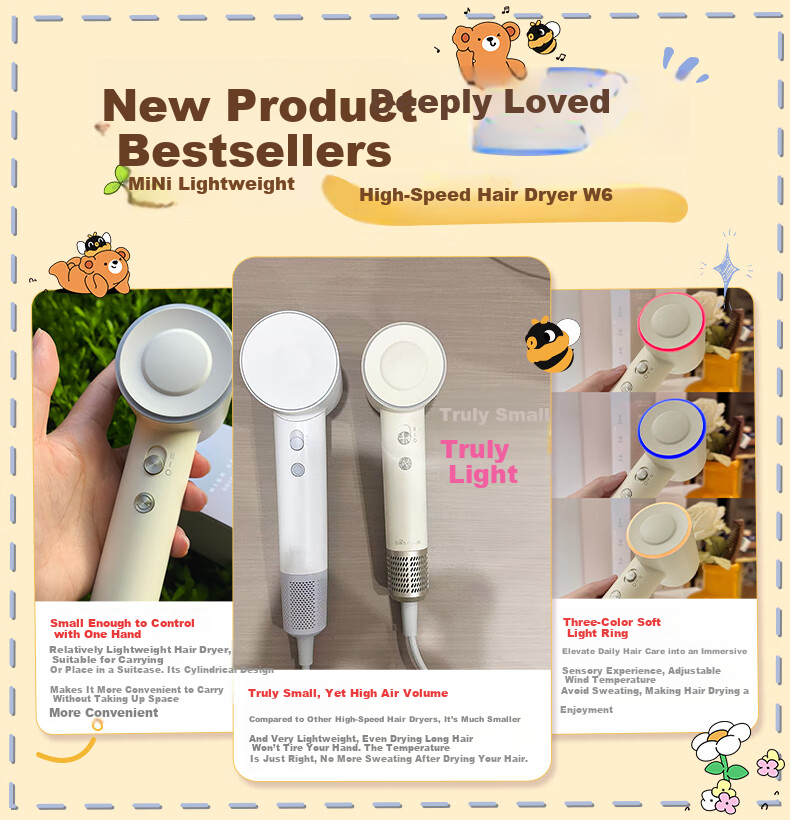 Bear High-Speed Hair Dryer, Plasma Negative Ion Hair Protection Electric Blower, Home Use Quick-Drying Hair Dryer, Portable Mini Small Size, Gift for Girls, Children, Students, Back-To Season And Mid-Autumn Festival 1