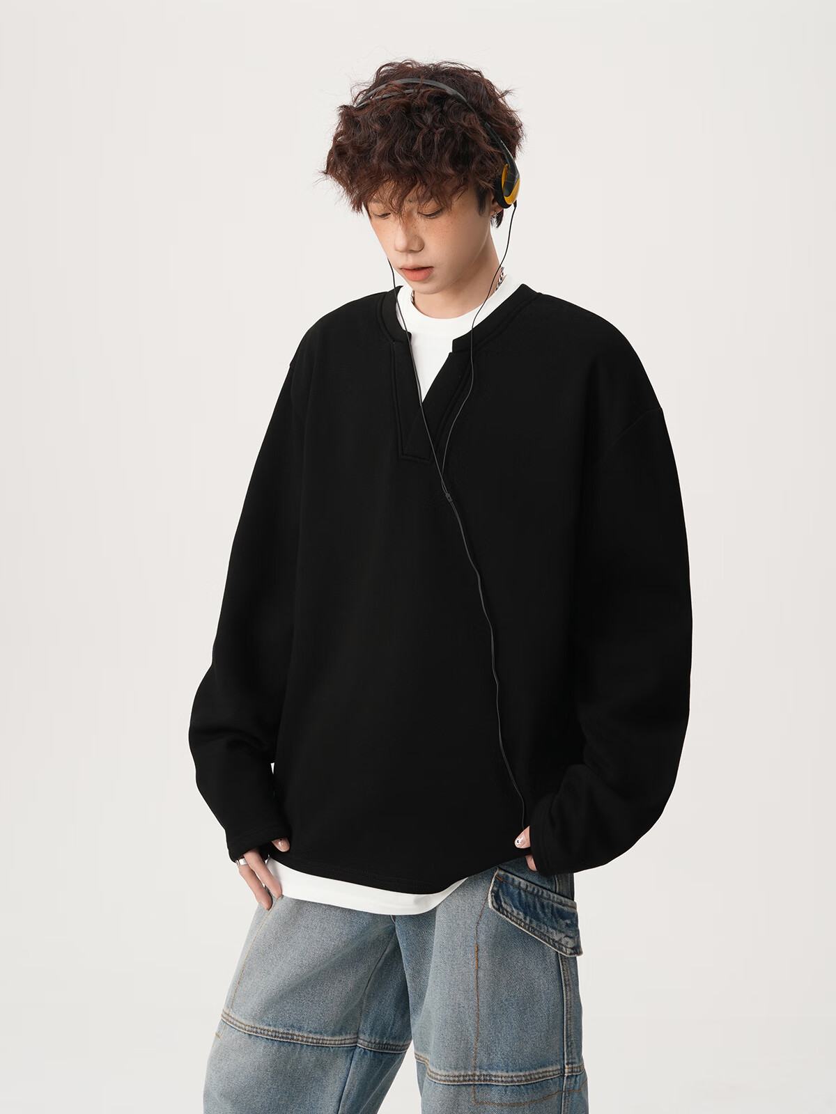 Foss Phil Men's Fake Two-Piece Long Sleeve Sweatshirt Autumn Winter Loose Fit Basic T-Shirt HT25764 Black 3XL 16