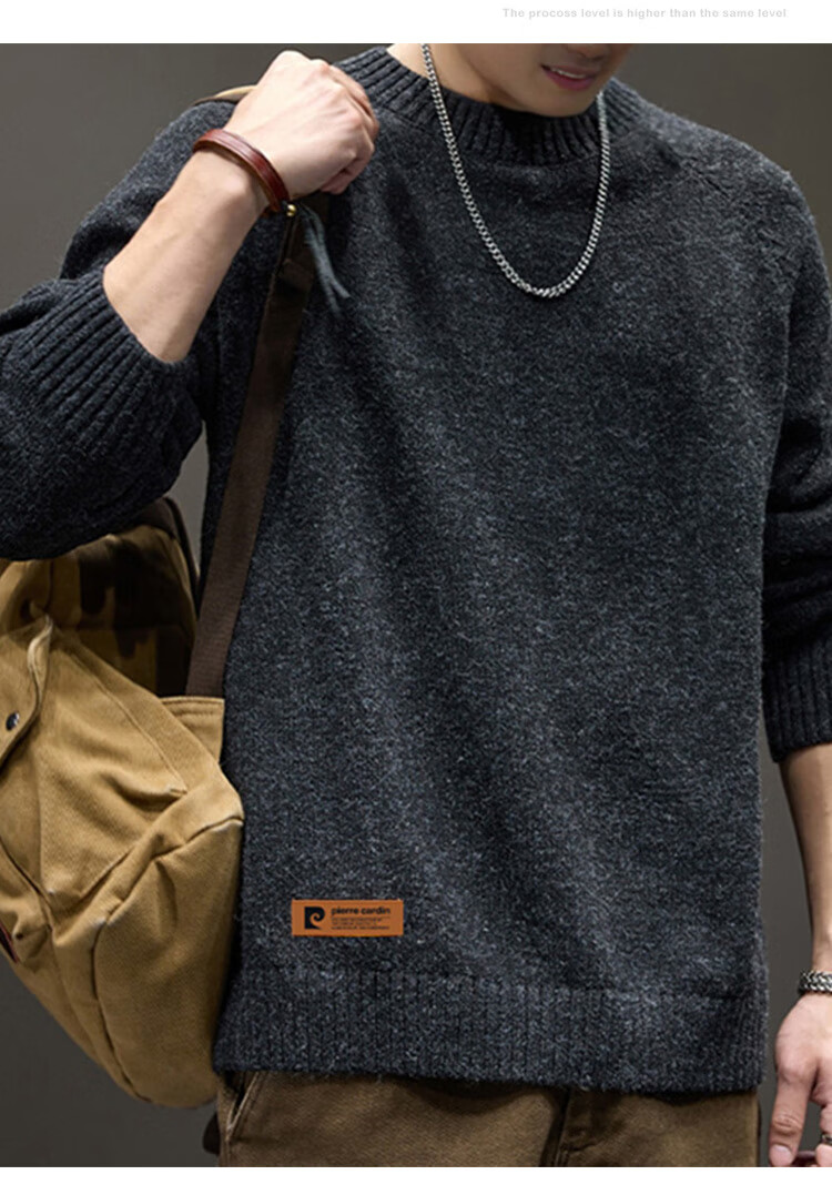 Pierre Cardin Men's Sweater Autumn Winter Retro Crew Neck Knitwear Solid Color Loose Fit Black XL 1