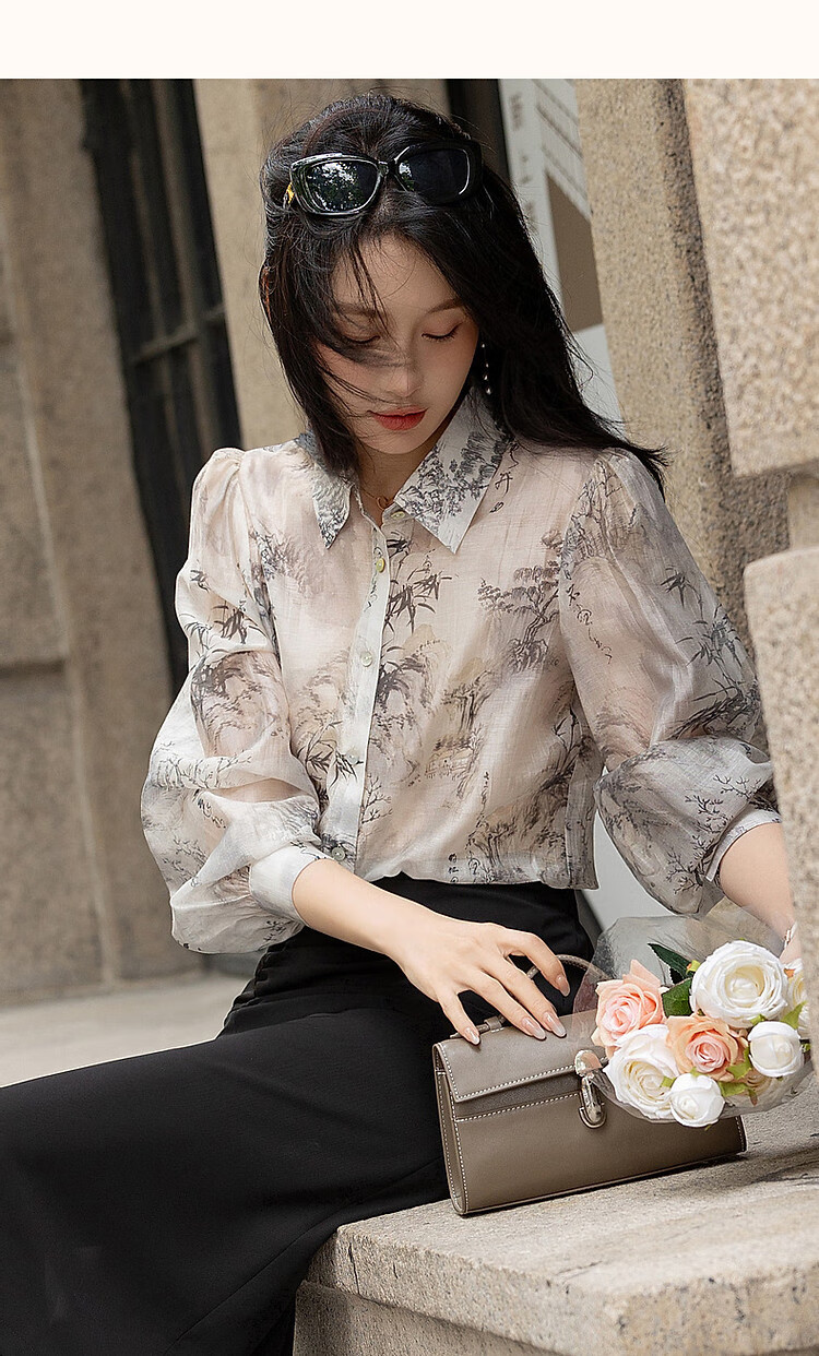 Dme [Tiansi Lianren] Autumn Chinese Style New Light-Weight Lyocell Blend Shirt, Printed Pleated Blouse, Women's Top 16