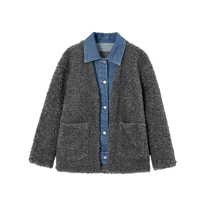 Demana [Fog Harbor Warm Home] Winter Faux Shearling Spliced Denim Lapel Mid-Length Women's Coat with Fake Two-Piece Design