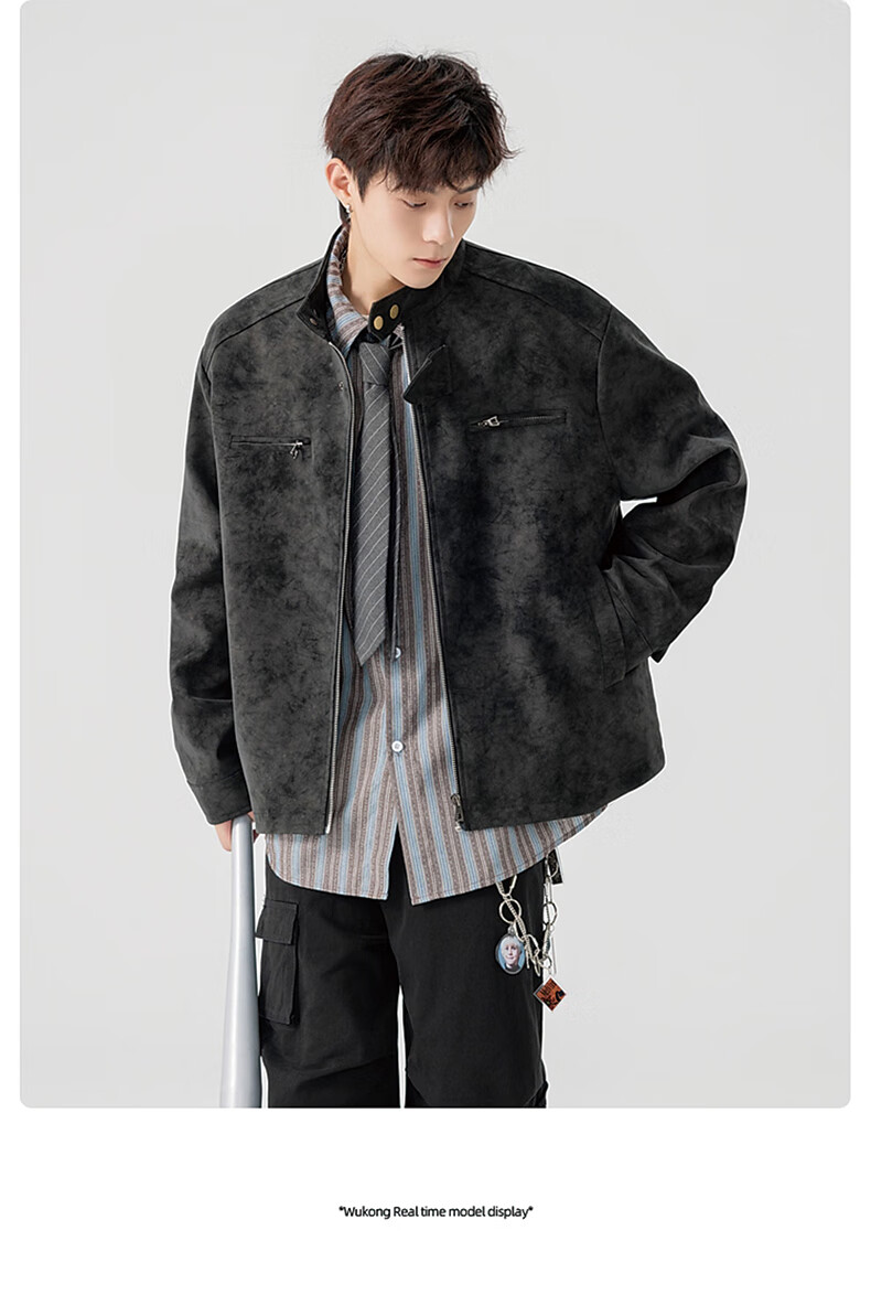 Foss Phil Men's Autumn Winter American Vintage Loose Casual Stand Collar Tie-Dye Leather Jacket J5238 Brown XL 8
