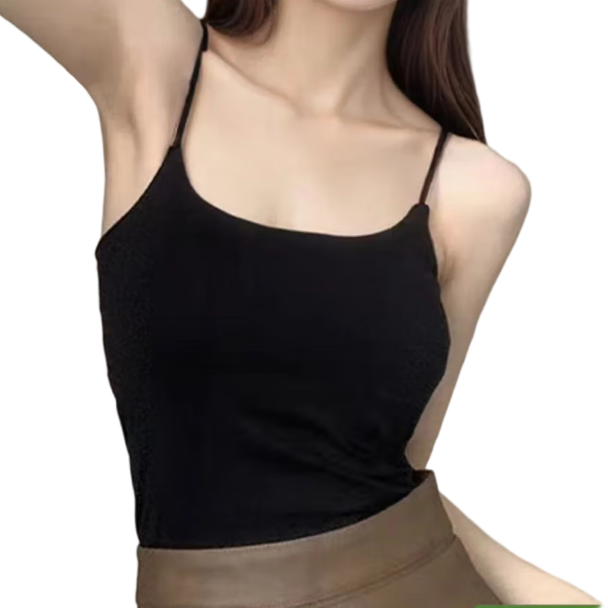 9i9 Strap Clean Brightness Spring Autumn Base Vest for Women with Chest Pad Low Neck Slim Fit Black S16