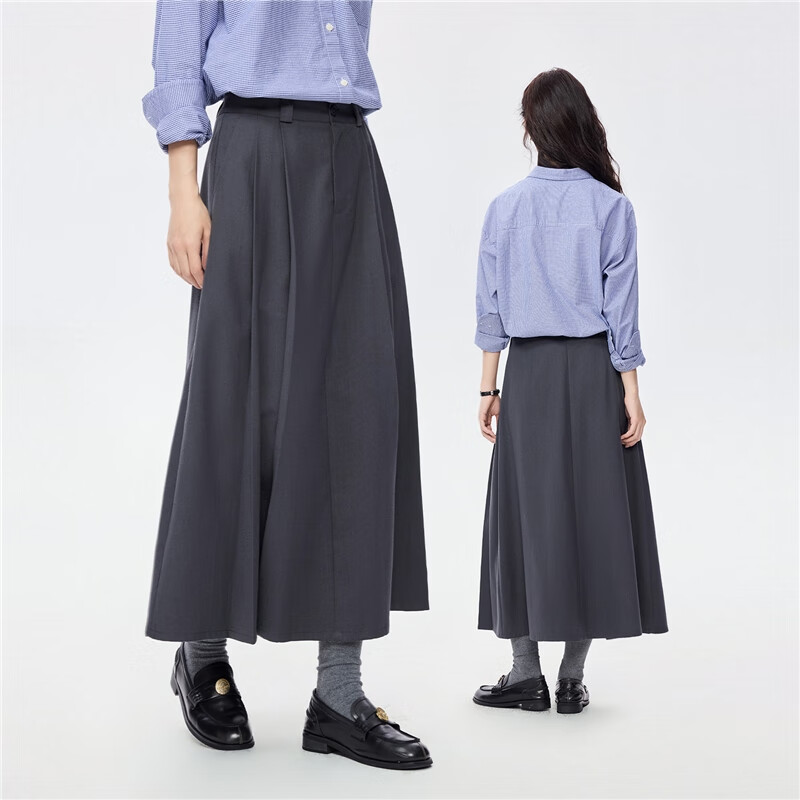 Giordano Grey Pleated Skirt Women's Autumn Winter Draped Brushed A-Line Midi Skirt 05465681