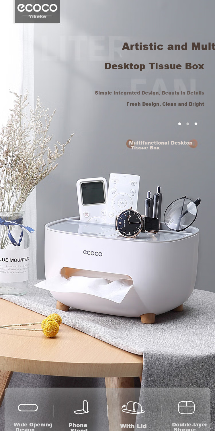 Ecoco Living Room Tissue Box, Desktop Storage Box, Nordic Style Waterproof Double-Layer Organizer 2