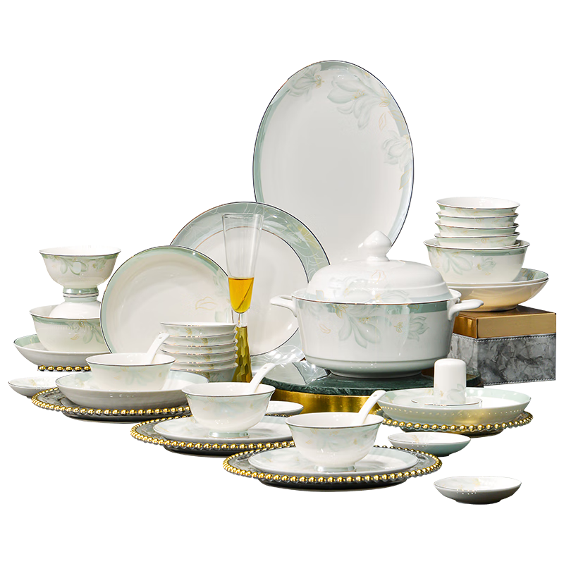 Jieyajie 66-Piece New 2026 Luxury Bone China Dinnerware Set Orchid Design Housewarming Gift