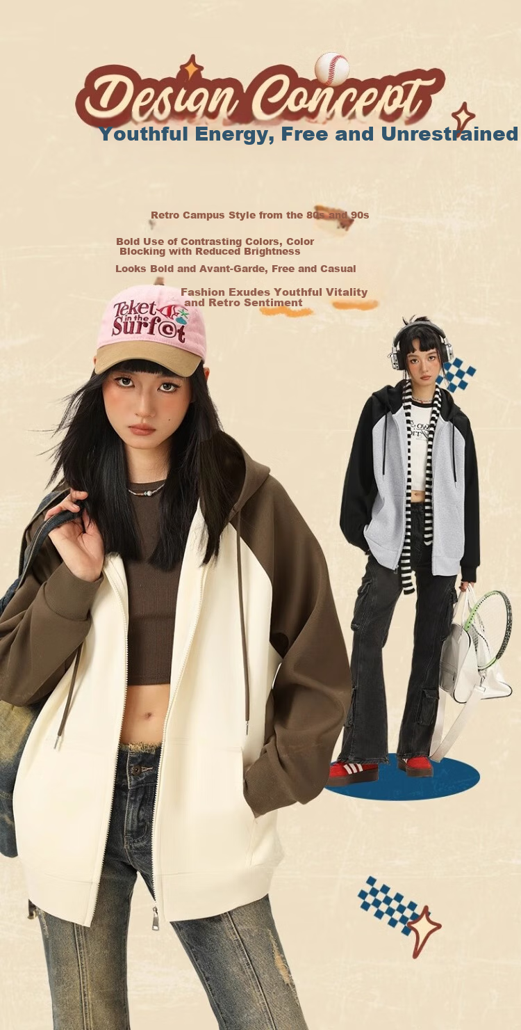 Huili Women's Hoodie Jacket, 2026 New Spring And Autumn Style, Color-Block American Retro Design, Middle School Student Hooded Cardigan, High-End Spring Outfit 2