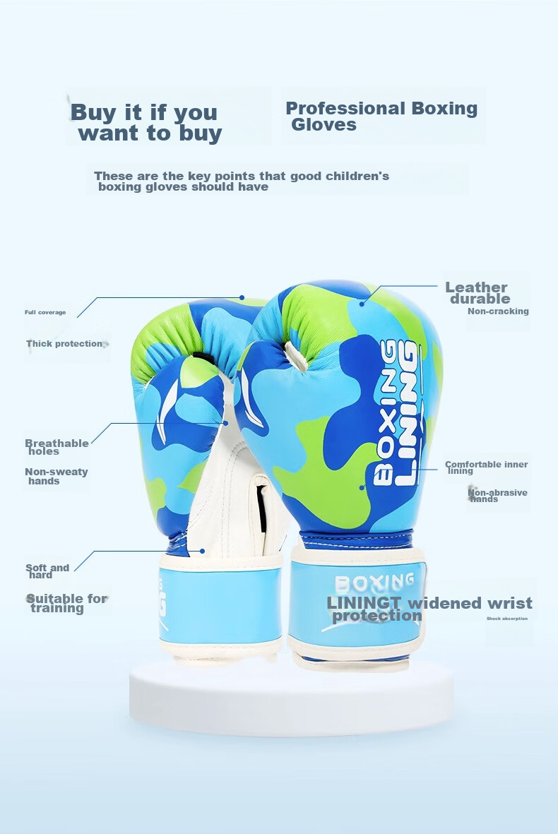 Li-Ning Children's Boxing Gloves, Boxing Training Equipment, Youth Sanda Competition Exercise, Boys And Girls Taekwondo, Blue 6