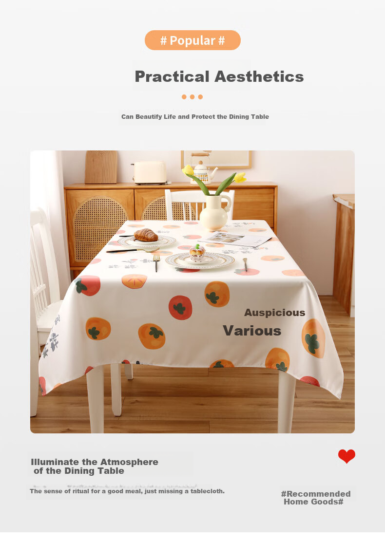 CHERISHES LIFE Waterproof And Oil-Resistant TPU Tablecloth, Washable Rectangular Dining Table Cover for Home Use, Tea Table Cloth, Persimmon-Shaped, Auspicious Design, 137*180cm 3