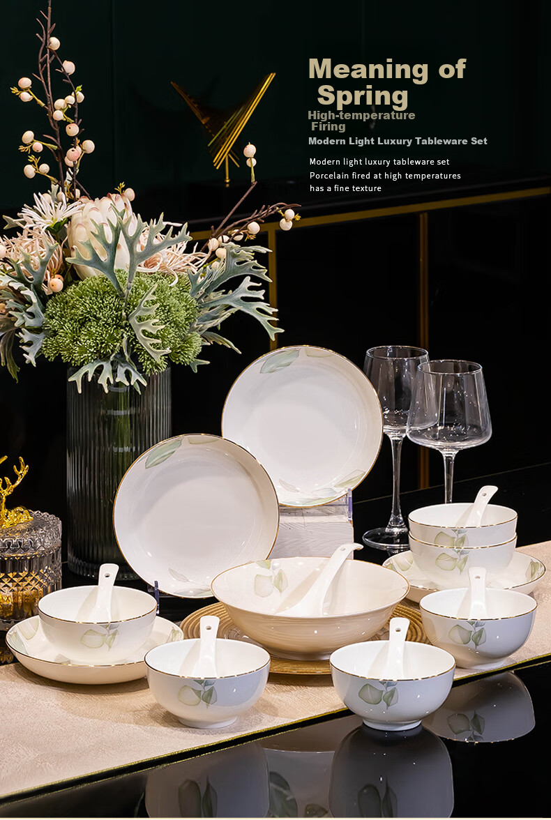 Haoya Jingdezhen Ceramic Tableware Set, Bowl And Plate Set for Home Use, 24-Piece Spring-Themed Dinnerware Set 1