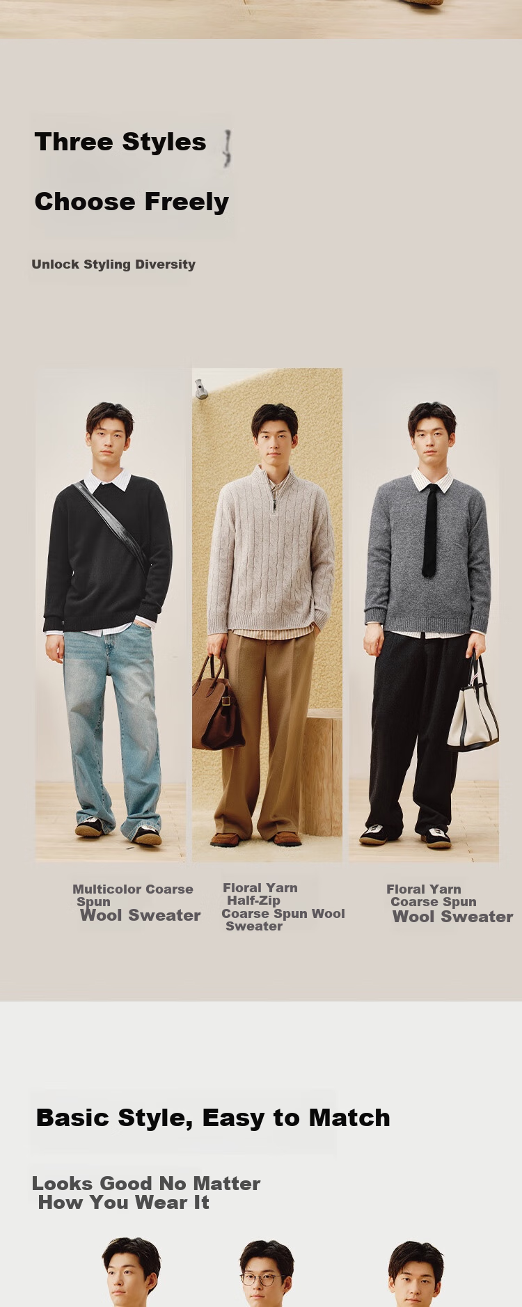 JD Jingzao Coarse Knit Sweater Men's Wool Pullover Winter Gray Crew Neck Cashmere Blend 3XL 6