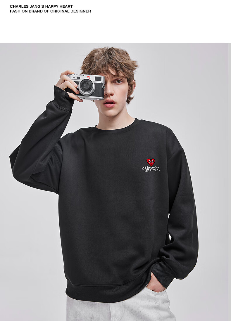 Charles Heart Sweatshirt Unisex Couple Casual Crewneck Love Heart Print Loose Fit Youth Simple Top Khaki S 4