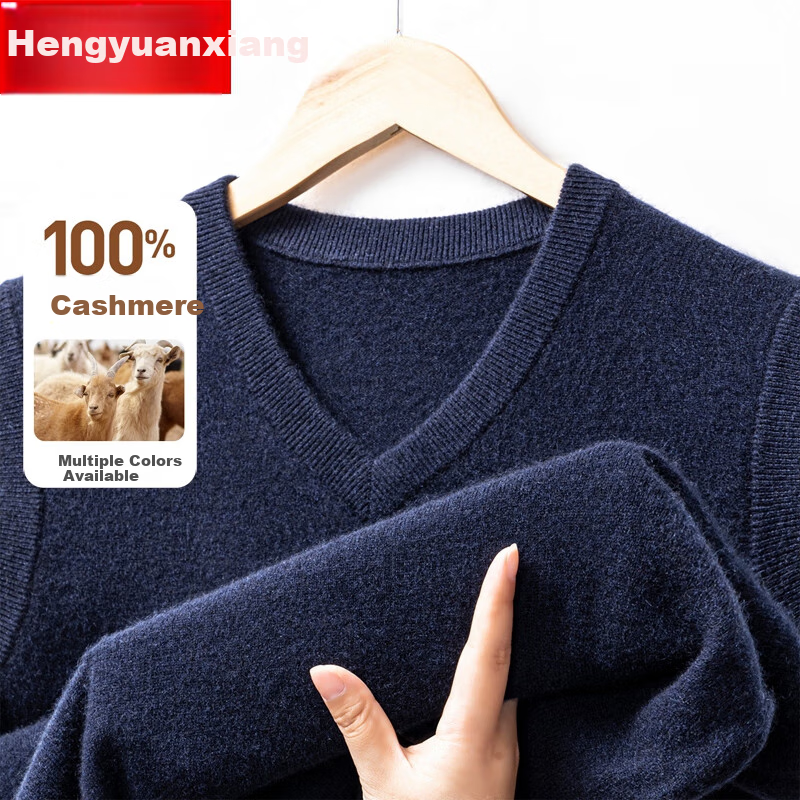 Hengyuanxiang Men's Thick Cashmere Vest 100% Pure Cashmere Autumn Winter V-Neck Sleeveless Warm Versatile Sweater