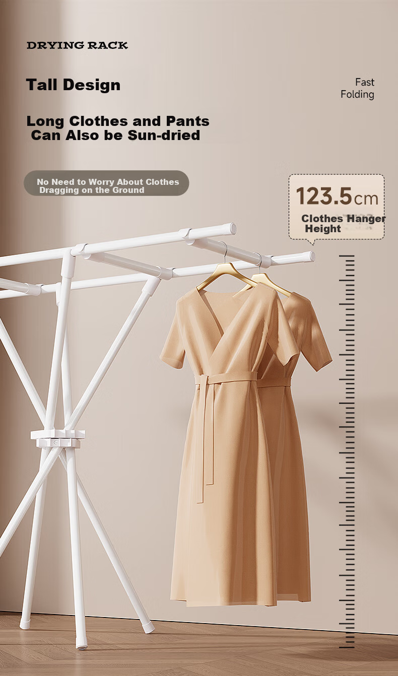 Cenggao Foldable Clothes Drying Rack, No Installation Required, Indoor Balcony Adjustable Height Clothes And Quilt Drying Stand, Milk White Color, Adjustable Height 1.5 Meters 5