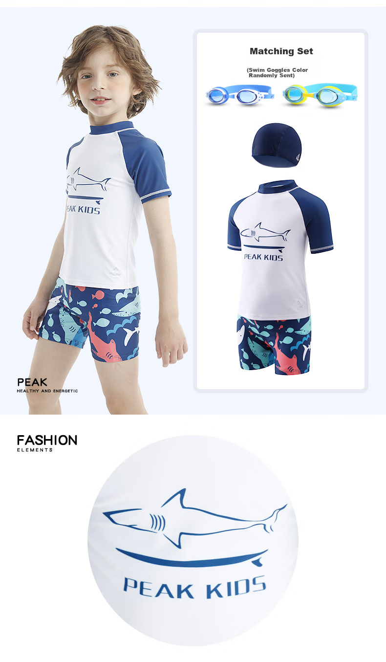 PEAK Children's Swimwear, Boys' Short-Sleeve Two-Piece Swimsuit with Trunks, Hot Spring Swimming Suit Set Including Swim Cap And Goggles, Size 110 2