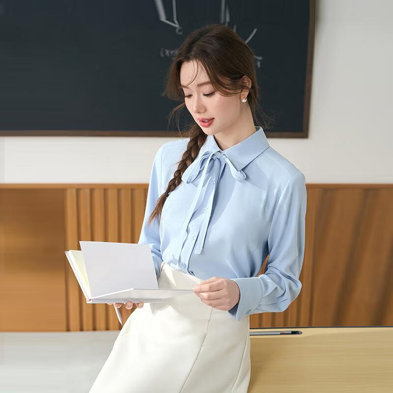 Miss Bird Blue Shirt Women's Petite Bow Tie Blouse Professional College Student Interview Formal Commuter Top
