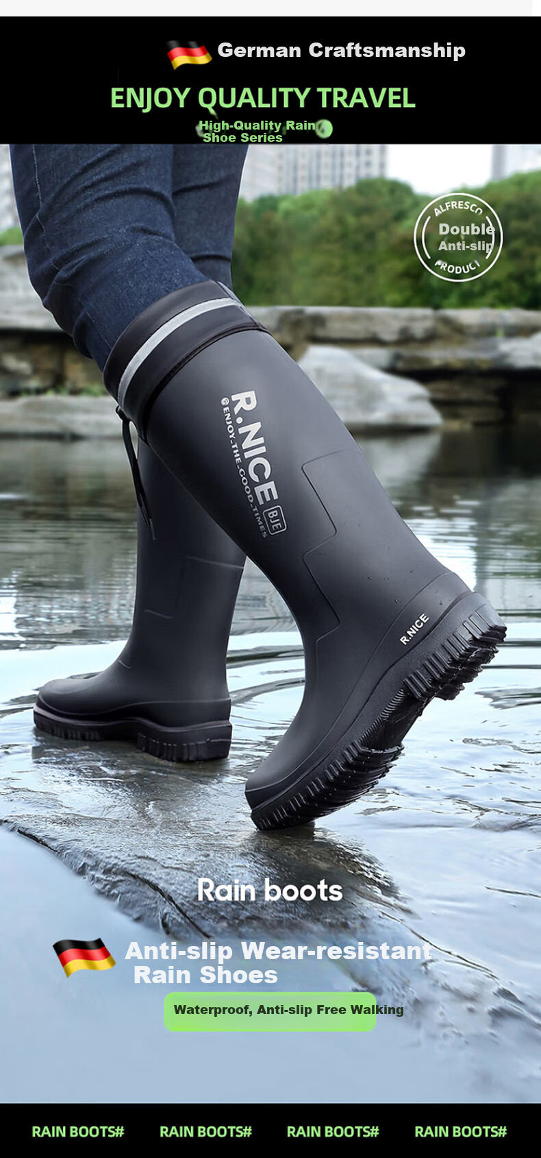 Xiyu Men's Lightweight Waterproof Shoes, Non-Slip Rain Boots, Chef Shoes, Rubber Shoes, 3313 High-Top Drawstring with Logo, Size 41 2