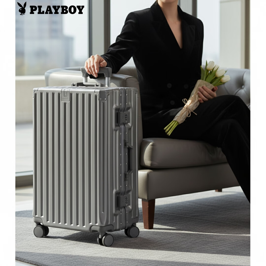 PLAYBOY New Aluminum Frame Travel Suitcase Large Capacity Trolley Carry-On Luggage Durable Gray 24 Inch