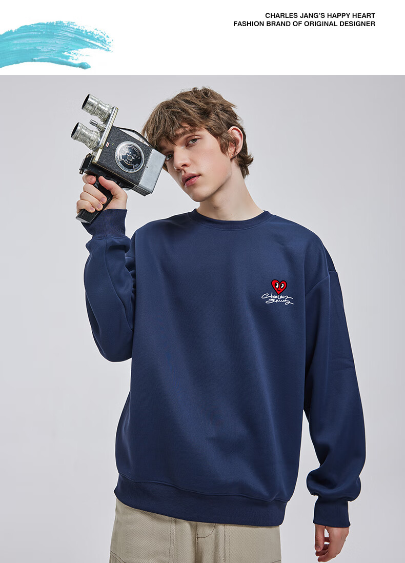 Charles Heart Sweatshirt Unisex Couple Casual Crewneck Love Heart Print Loose Fit Youth Simple Top Khaki S 7