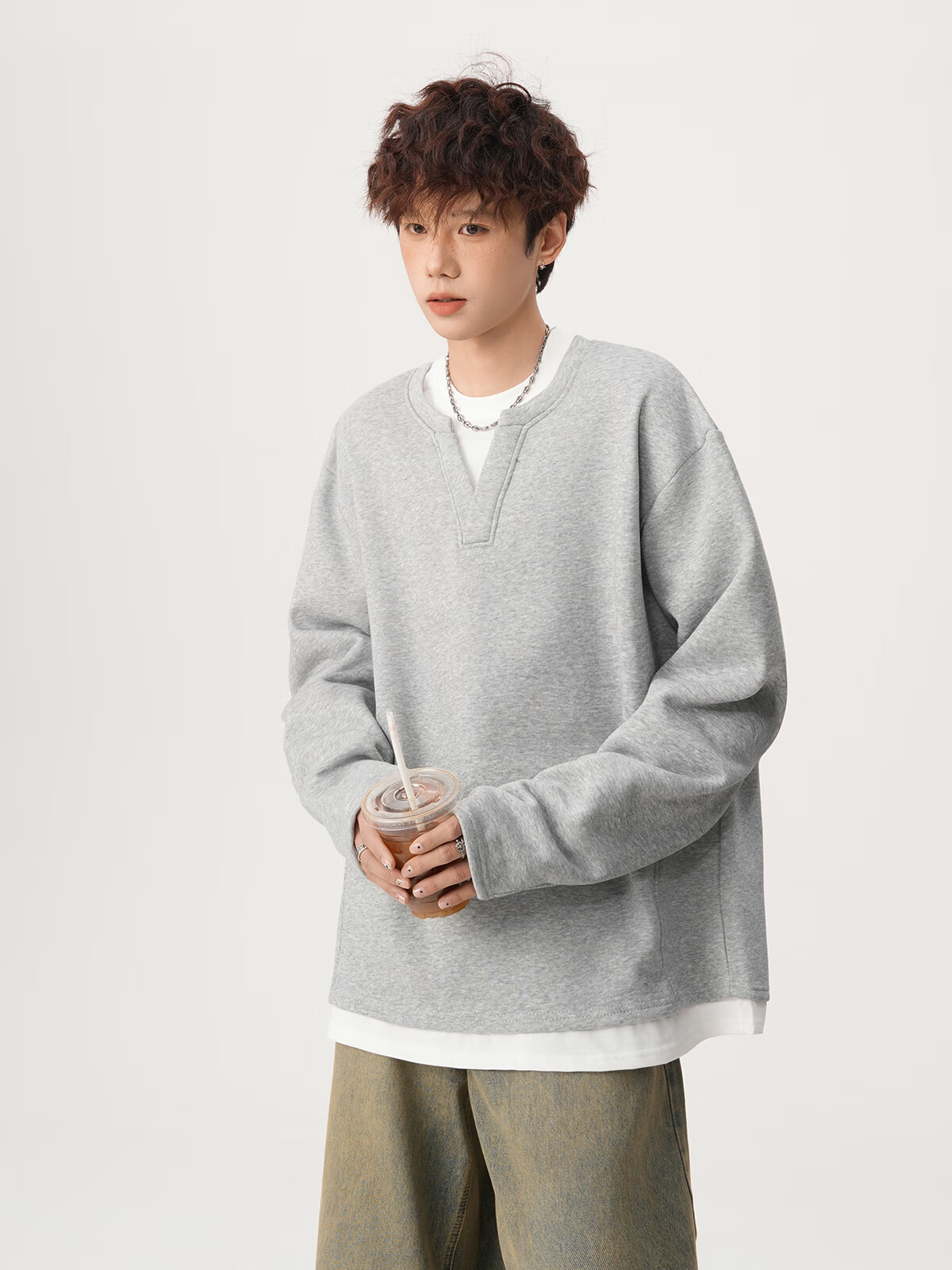 Foss Phil Men's Fake Two-Piece Long Sleeve Sweatshirt Autumn Winter Loose Fit Basic T-Shirt HT25764 Black 3XL 7