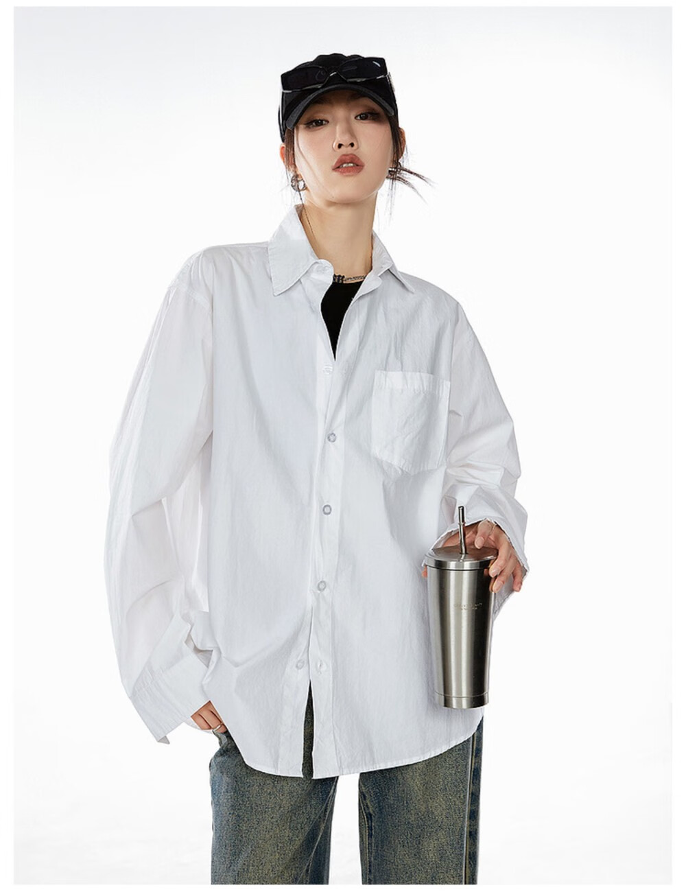 ICH MODE American Vintage White Shirt Women Casual Loose Fit Trendy Blouse Jacket Top Lazy Style White M 21
