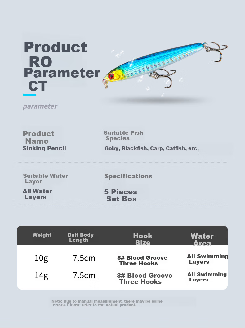 Kemailei Lead Sinking Pencil Lure, Long-Casting Sinking Pencil Bait, Hard Bait Set, for Freshwater Fishing, Specifically for Topmouth Culter, 14g 10
