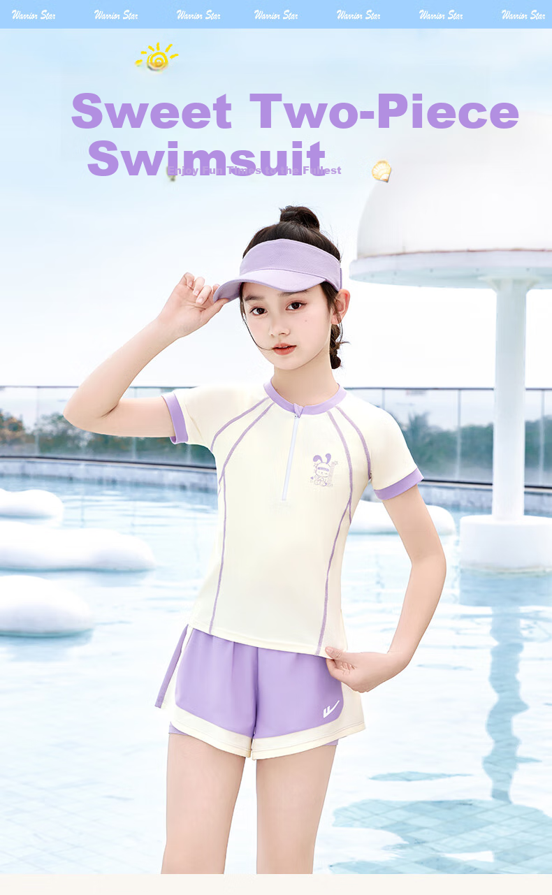 Huili Girls' Two-Piece Swimsuit for Summer, Big Kids, Hot Springs, Anti-Exposure Swimwear 35339H1I Purple 135 1