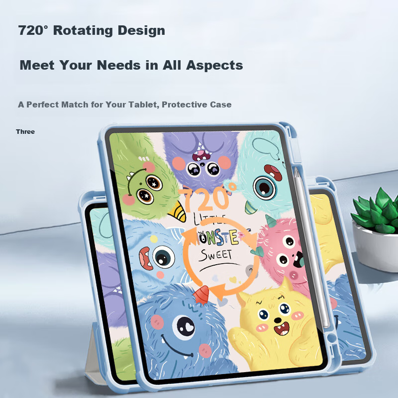 Asiwa IPad 9th Generation (2021) Case for 10.2-Inch Pad 9/8/7 with Pencil Holder, 360-Degree Rotating, Cartoon Painted Anti-Drop Anti-Bend Tri-Fold Desig