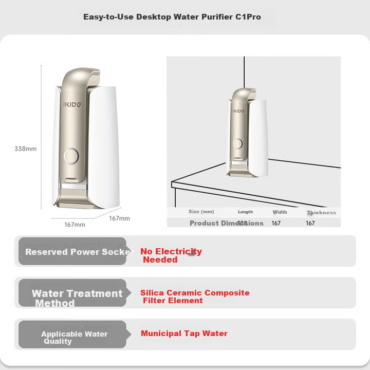 Yikaide Water Purifier Home Direct Drinking Water Machine High Flow Kitchen Water Purifier No Electricity Required Zero Wastewater Countertop Ceramic Diatomaceous Earth Filter Ultrafiltration Wastewater-Free Water Purification Machine C1 Pro