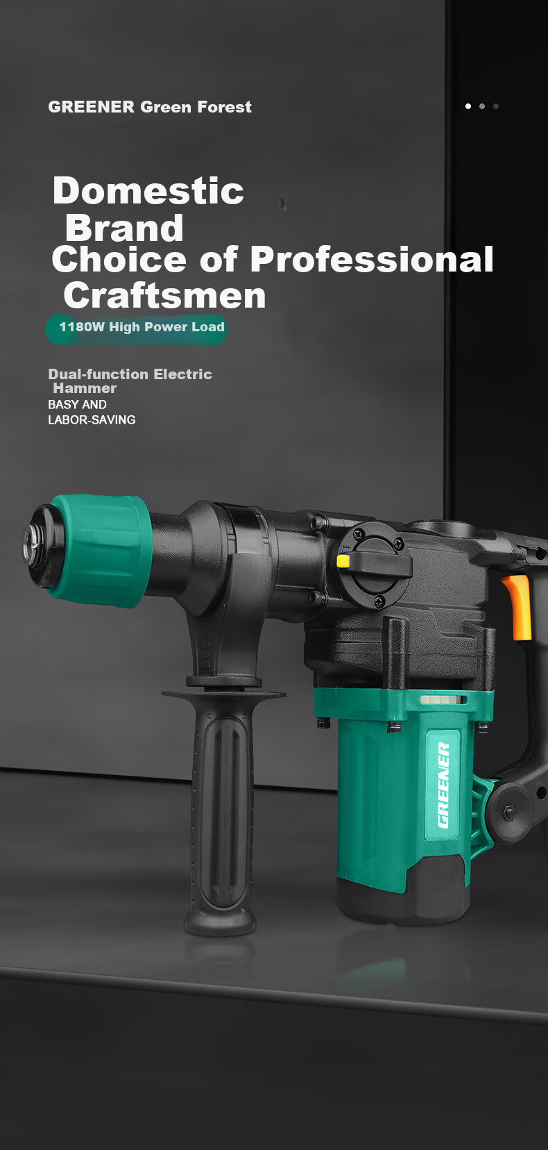 Greenlin Electric Hammer and Pick Impact Drill 2-in-1 Industrial Grade 1380W High Power Concrete Drilling Clutch 1