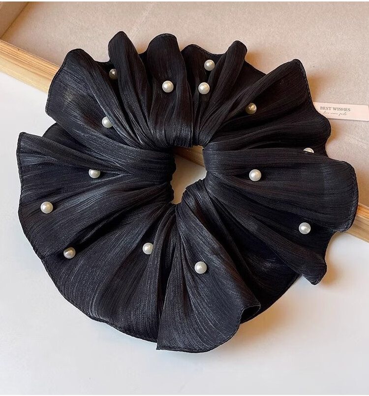 LiQing Four-Layer Lace Pearl Hair Tie [Black Large] Sweet Big Scrunchie Hollow Out Hair Accessory 8