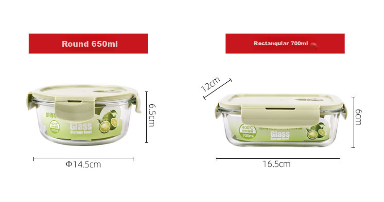 Chuangde Heat-Resistant Glass Food Storage Container, Microwave And Oven Safe Lunch Box for Office Workers, Round 650ml + Long 700ml + Bag 2