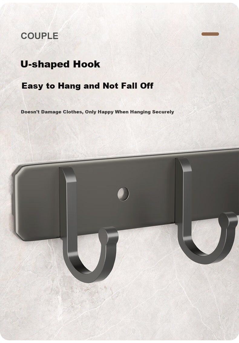 Baizi Space Aluminum Hooks, No Drilling Required, Coat Hooks, Door Back Key Hooks, Entryway Bathroom Kitchen Adhesive Hooks, 8 Hooks 5