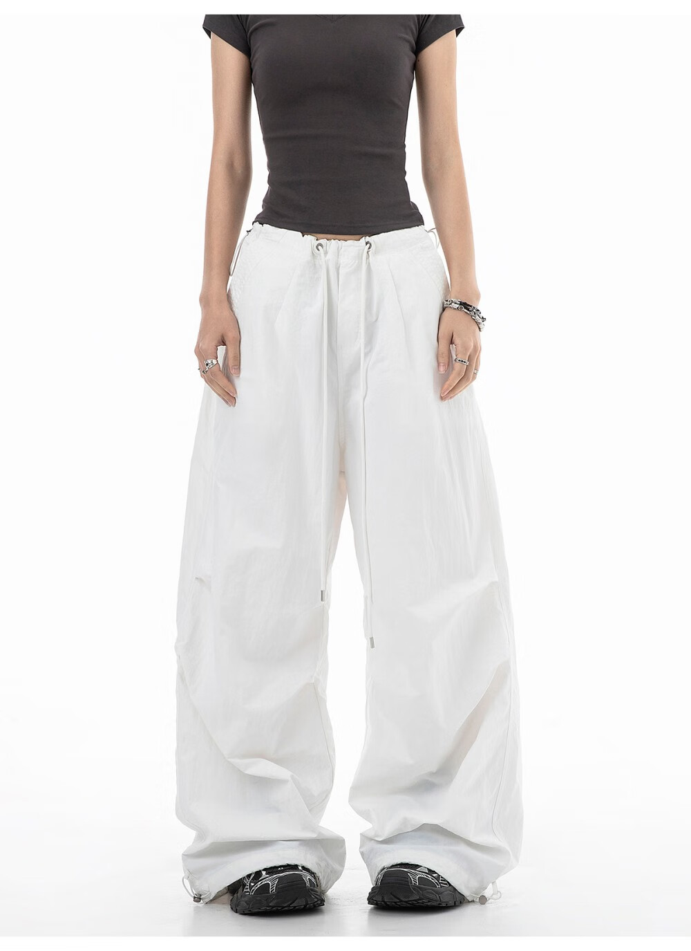ICH MODE Women's American Style Paratrooper Cargo Pants Drawstring Sports Pants Straight Loose Wide-Leg Casual Pants Green M 13