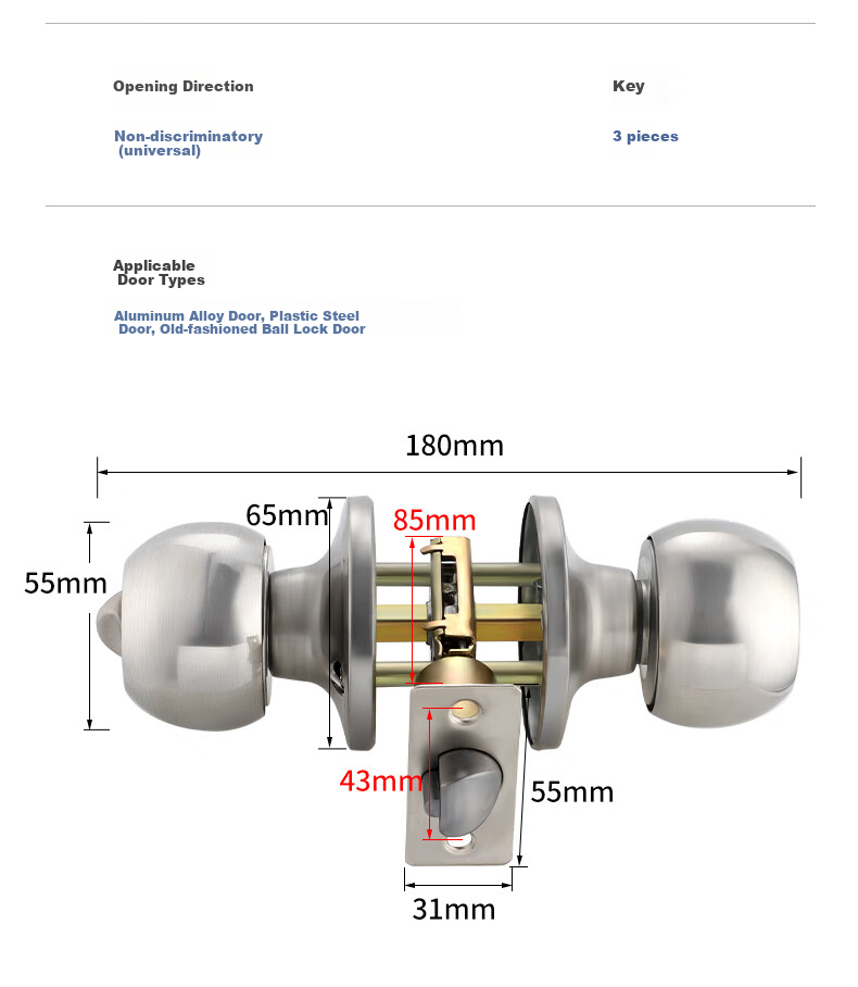Chugong Three-Rod Bathroom Spherical Lock, Stainless Steel Plastic Steel Aluminum Alloy Door Ball Lock, Adjustable 60/70 Lock Tong 4