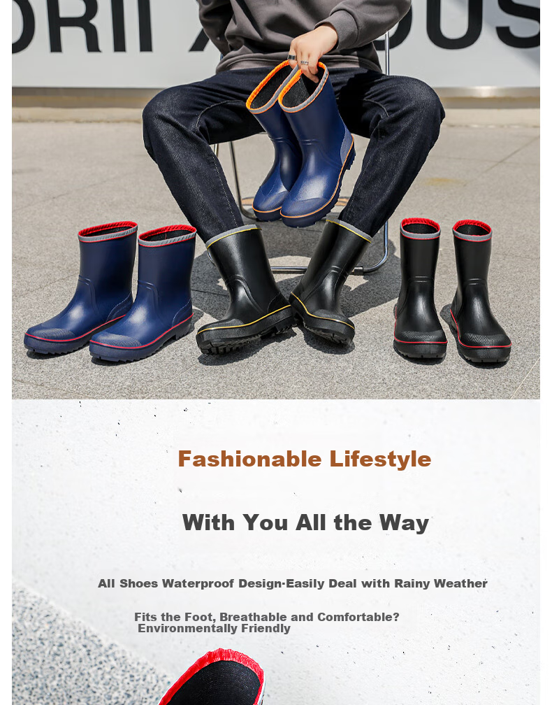 Lanoudun Rain Boots for Men, Tall Waterproof Shoes, Outdoor Non-Slip Rubber Shoes, Wear-Resistant Rain Boots, Overshoes YX1010 Size 42 4