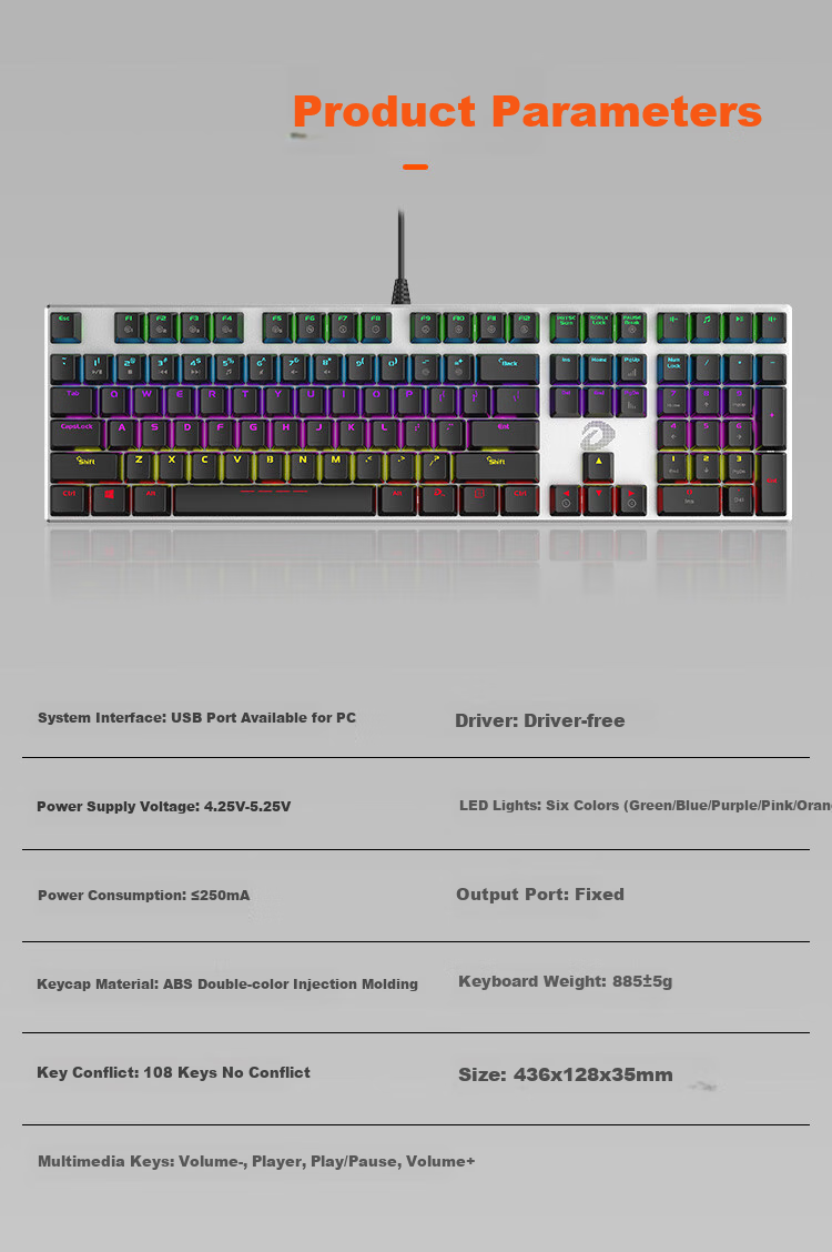 DAREU EK815 Mechanical Alloy Edition Keyboard, Wired Keyboard, Gaming Keyboard, 108 Keys Mixed Backlight, Multi-Key Anti-Ghosting, PUBG Keyboard, Blue Switch 6