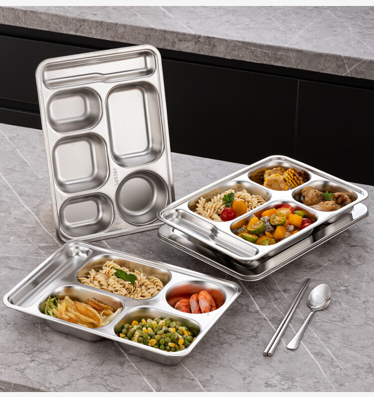 Danshizhiyuan 304 Stainless Steel Fast Food Tray Divided Plate School Canteen Dinner Plate Large Round Six-Compartment (Beijing Warehouse) 14