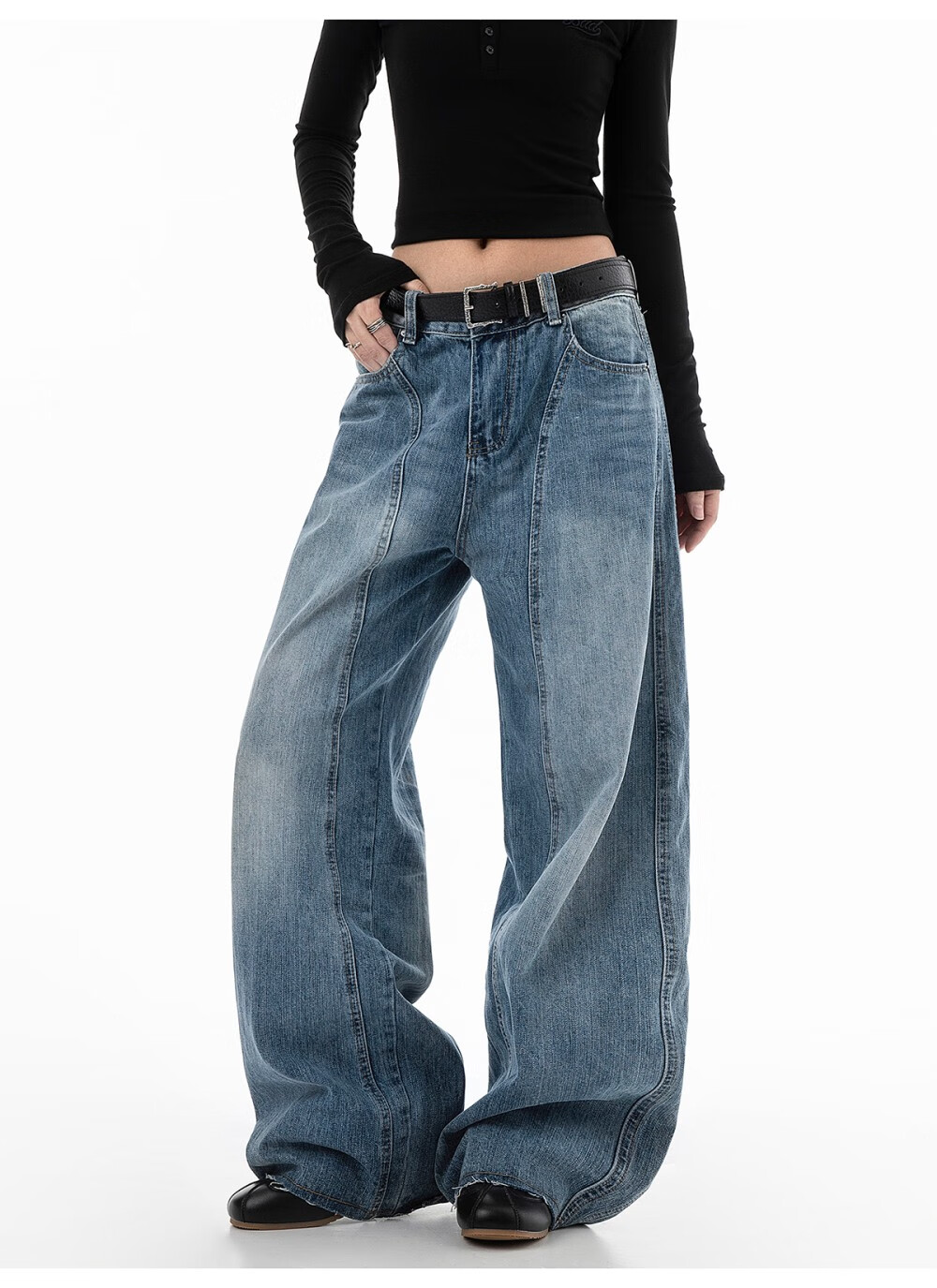 ICH MODE Women's American Vintage Washed Denim Jeans Spring Autumn Loose Straight Leg Curved Cut Casual Wide Leg Pants Blue XL 7