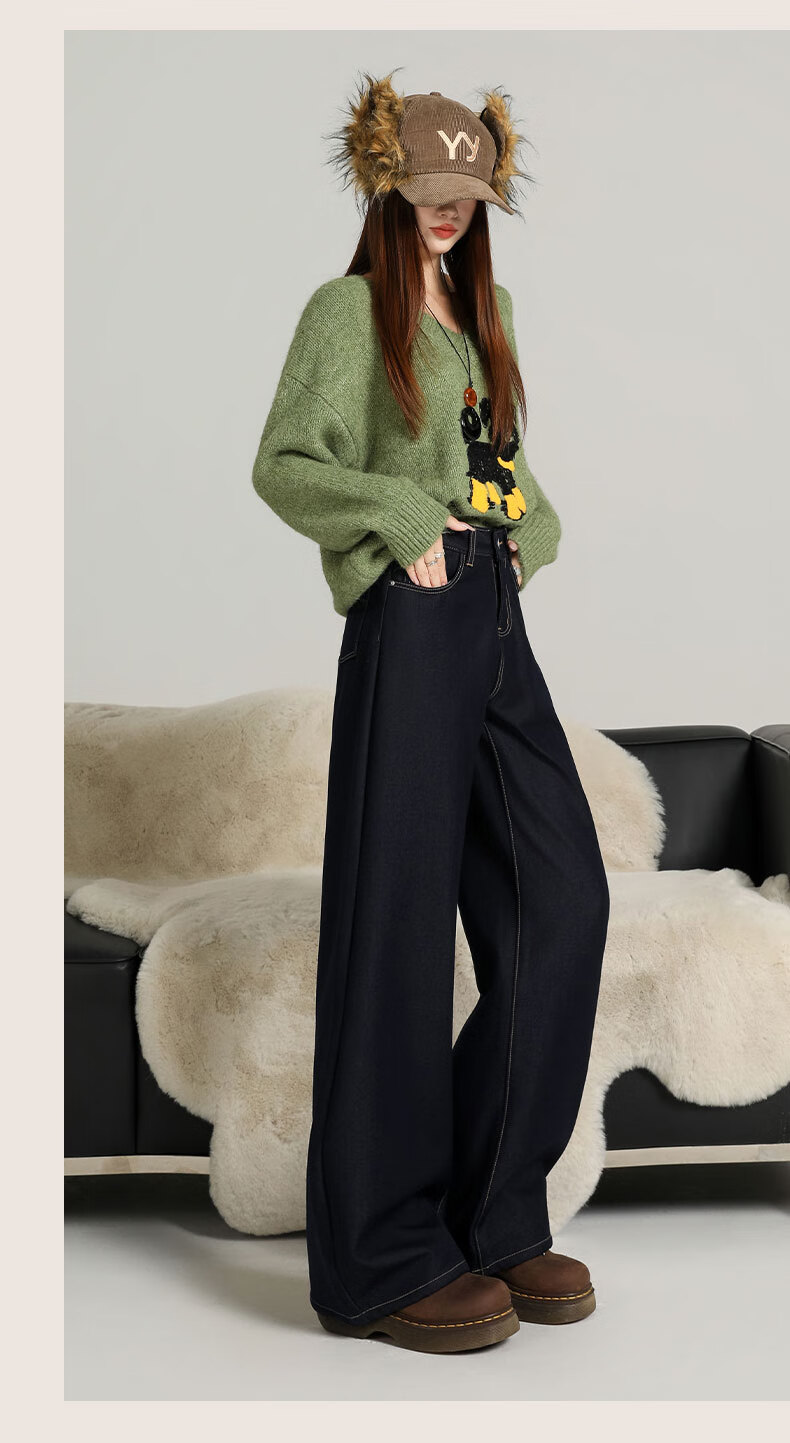 Langsha Women's Wide-Leg Jeans 2026 Spring Autumn High Waist Slim Loose Draped Raw Denim Blue Straight Pants 8