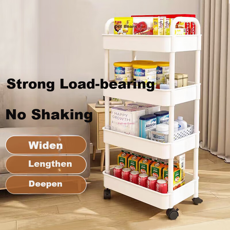 Jinlongxing Kitchen Trolley Storage Rack, Multi-Layer Baby Supplies Bathroom Floor Vegetable Snack Movable Storage Shelf, 4 Tiers