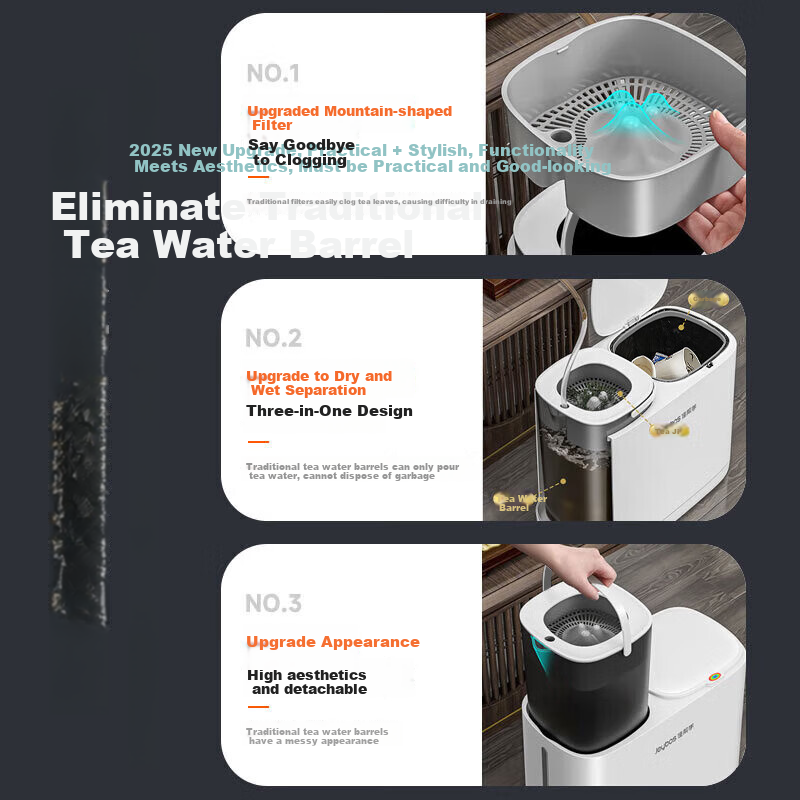 Jiabangshou Tea Water Bucket, Wastewater Bucket, Tea Residue Bucket, 11.7L Filtered Tea Drainage, Kitchen Garbage Bin with Lid, Dry And Wet Separation Bucket