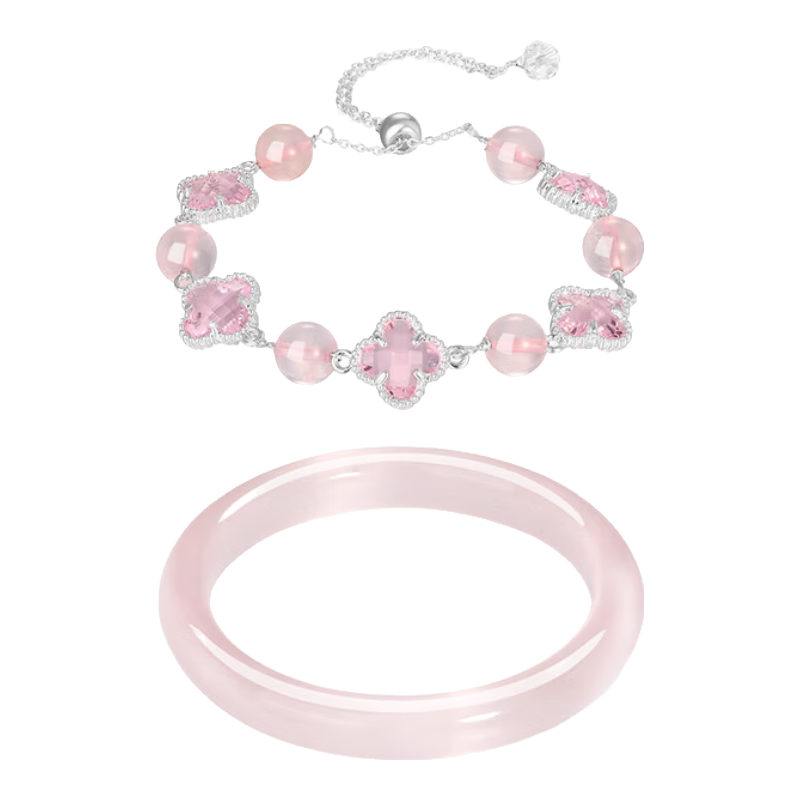 Jinliufu Lucky Four-Leaf Clover Crystal Bracelet Women's Bangle Chinese National Trend Cat's Eye Glass Set Birthday Gift for Girlfriend