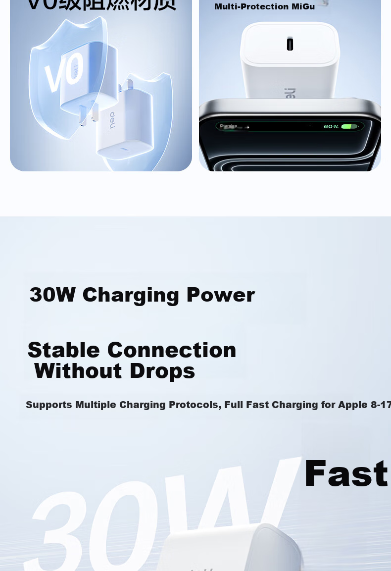 Deli PD30W GaN Fast Charging Type-C Adapter Compatible with 20W Apple Series IPhone 17, Huawei, Xiaomi, Android Phones, Tablets, Earphones USB-C Port 3