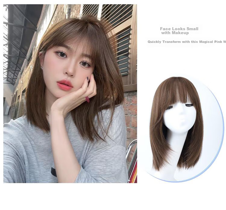 Baisitang Women's Medium-Length Wig, Internet Celebrity Bob Haircut, Natural Neckline Wig, Round Face Youthful Wig Cover 3