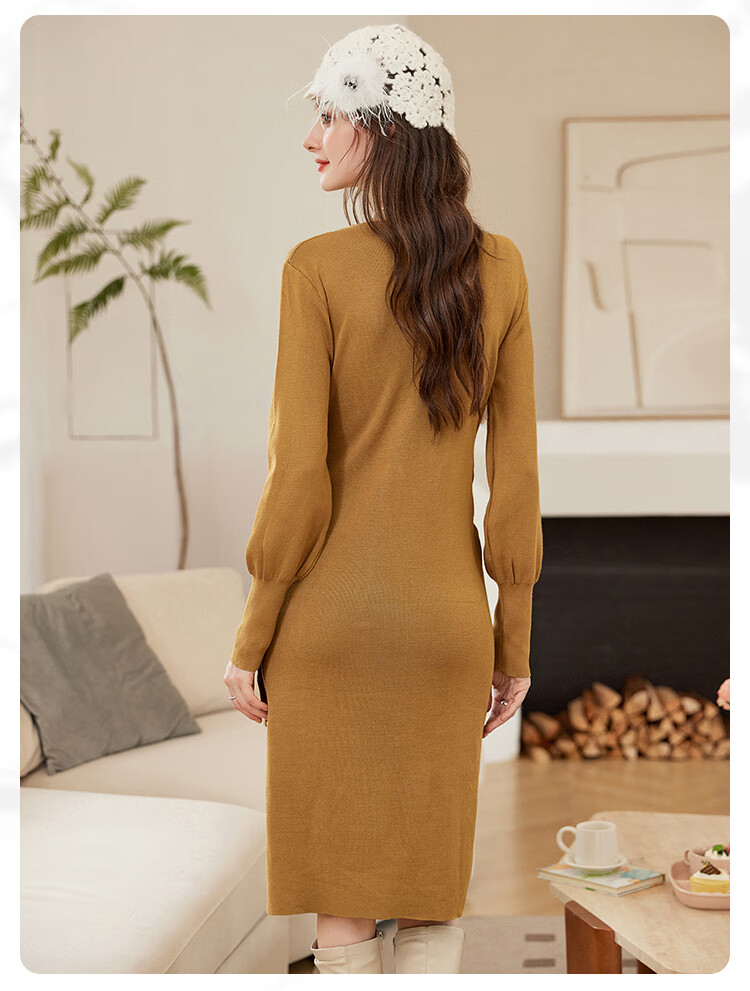 LOUISYAO Spring Autumn V-Neck Tie Design Slim Fit Slightly Stretchy Mid-Length Elegant Knit Dress Dark Coffee S 11