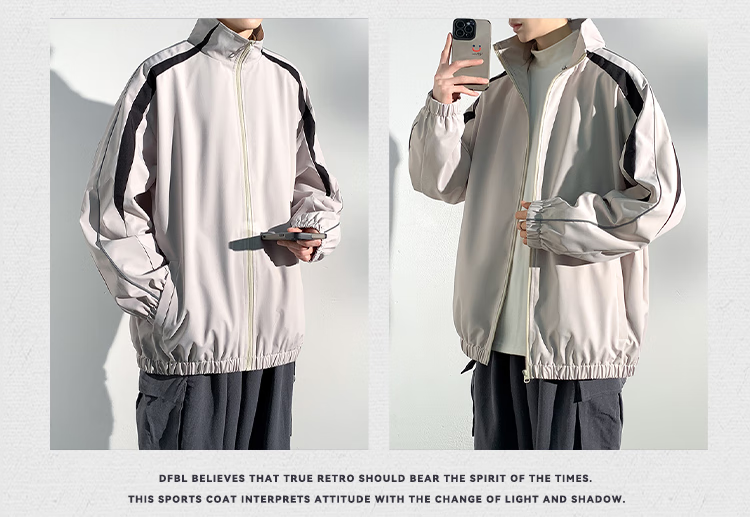 Dingfengbaoluo Port Style Stand Collar Jacket Men Spring Casual Fashion Loose Sports Coat MUY24 Khaki S 7
