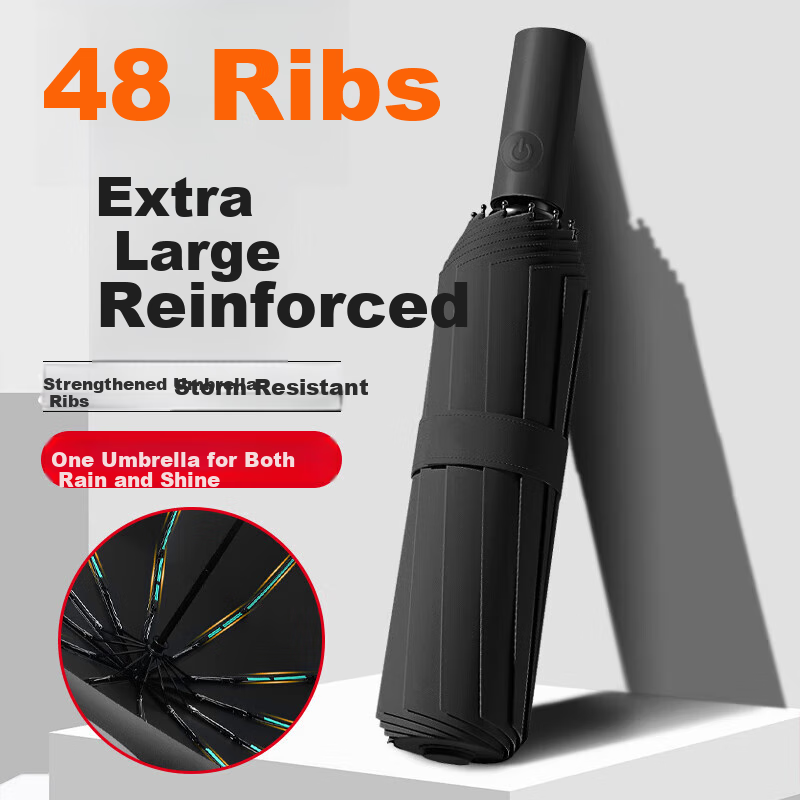 Maoli Fully Automatic Umbrella, 48-Rib Black Rubber Impact Fabric, Reinforced Windproof Folding Umbrella, Sunshade And Parasol
